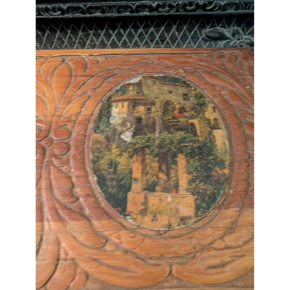 Vintage Cedar Carved Wooden Jewelry Box Decoupage Landscape Mirror Dovetail